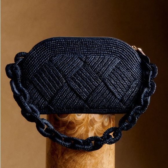 Sezane Handbags - SEZANE Navy Blue Woven Braided Raffia Shoulder Bag Chain Link Strap Isabelle Bag